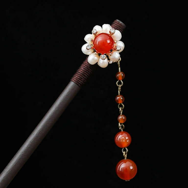 Jiaroswwei Beads Flower Decor Tassel Hair Stick Vintage Wood