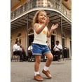 thumbnail image 6 of BemeyourBBs Toddler Baby Girls Summer Clothes Infant Baby Girl Denim Outfit Cute Bee Cake Ice Cream Floral Embroidery Ribbed Tank Vest Tops with Pockets Rolled Jeans Denim Shorts 2Pcs Set, 6 of 9