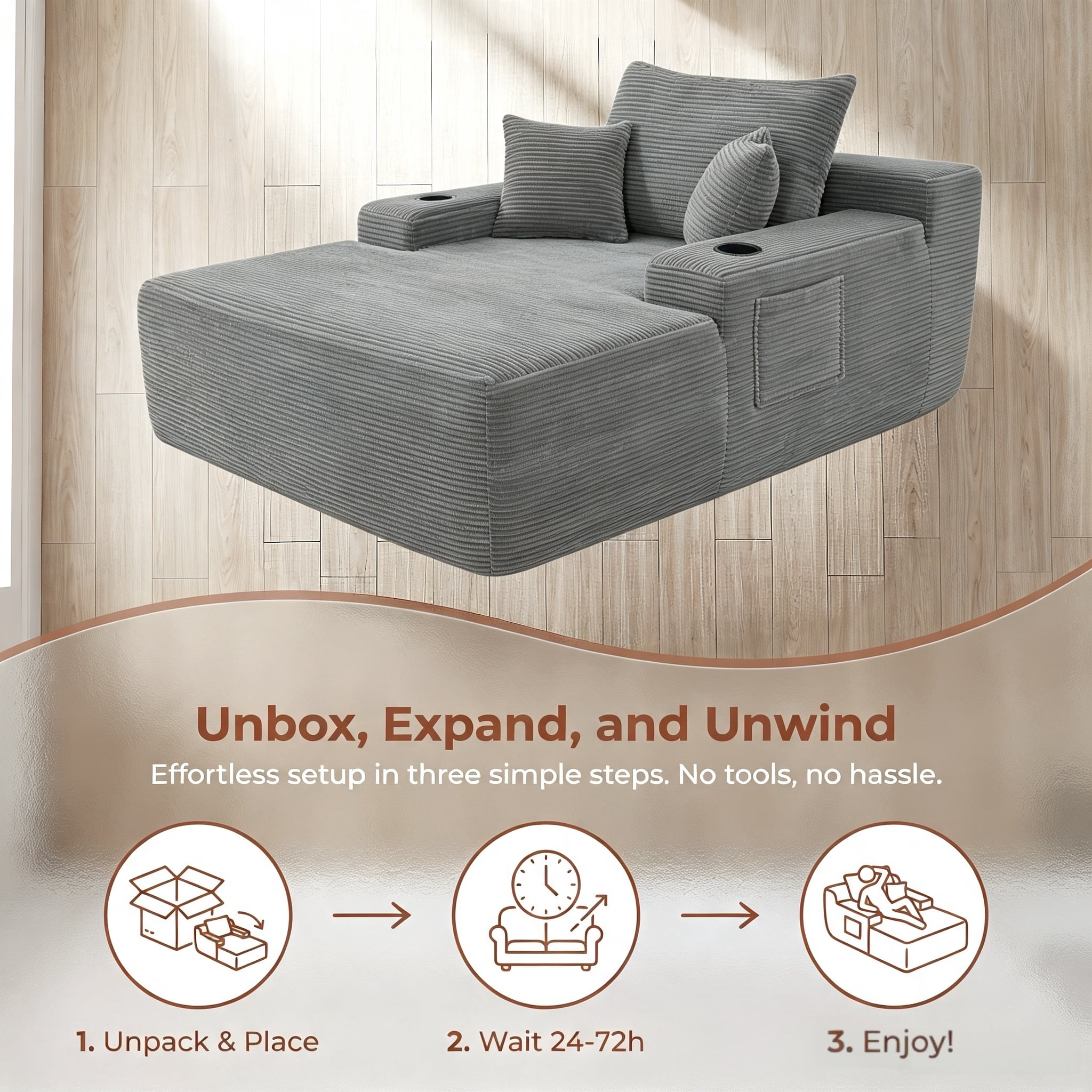 ShiKeyi 65'' Chaise Lounge Chair Indoor, Boneless Sofa Cloud, Plush Corduroy Chaise Couch with Cup Holders, Side Storage Pocket & Pillows, No Assembly Required, Gray