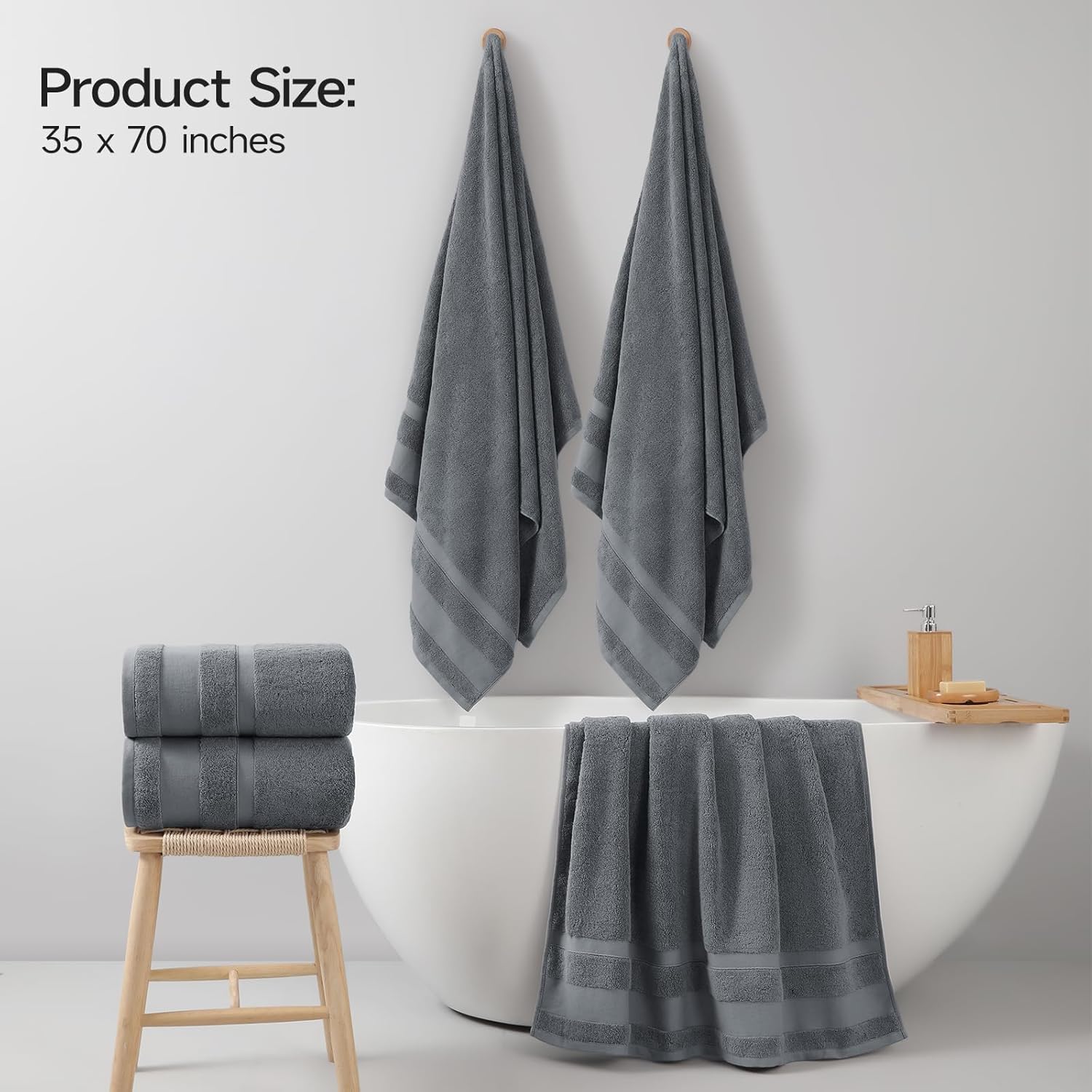 2-Piece 800GSM Oversized Cotton Bath Towels, 35x70in, Quick Dry, Ultra Soft, Super Absorbent, Grey