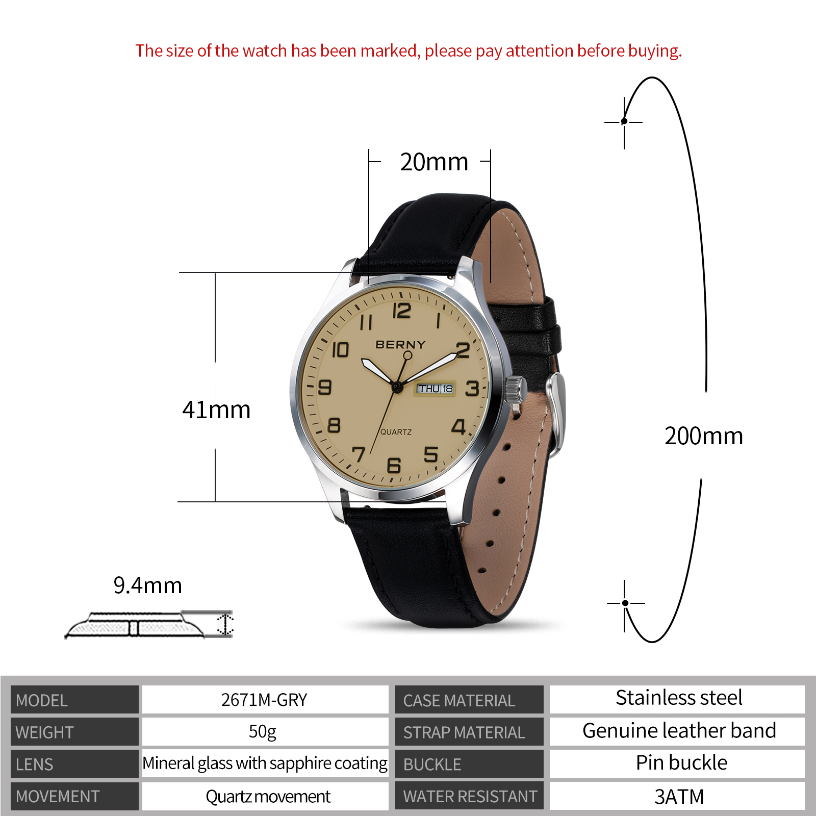BERNY Modern Quartz Watch for Men Casual Easy Read Wristwatch with Arabic Numeral Watch Dial, Genuine Leather Strap and Day & Date Calendar-Gray Dial