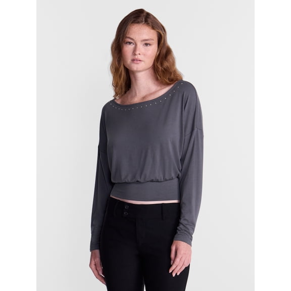 No Boundaries Banded Hem Top with Long Sleeves, Women's XXS-XXL