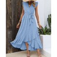 thumbnail image 3 of Vestido BTFBM escote en V con lunares suizos, estilo boho, volante y largo, azul, talla M, 3 of 6