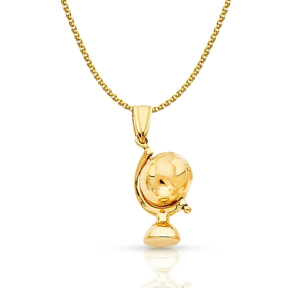 14K Yellow Gold Earth Globe Traveler's Charm Pendant with 1.4mm Flat Open Wheat Chain Necklace - 16"