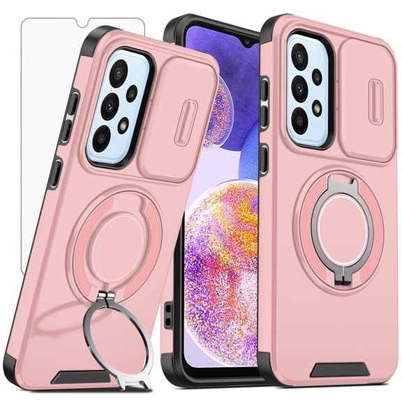 Asuwish Compatible with Samsung Galaxy A23 5G/4G Phone Case Slide Camera Cover Tempered Glass Screen Protector Stand Ring Holder Rugged Slim Cell for A 23 23A 6.6 Women Men Pink