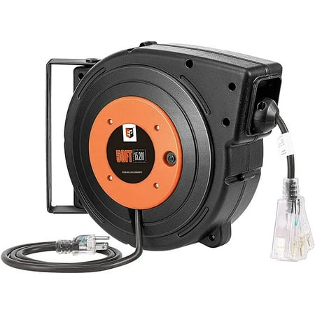 

BOZO Retractable Extension Cord Reel 50 Ft Heavy Duty Power Cord 12 AWG/3C SJTOW 15 AMP Circuit Breaker Lighted Triple Tap Ceiling or Wall Mount UL Listed