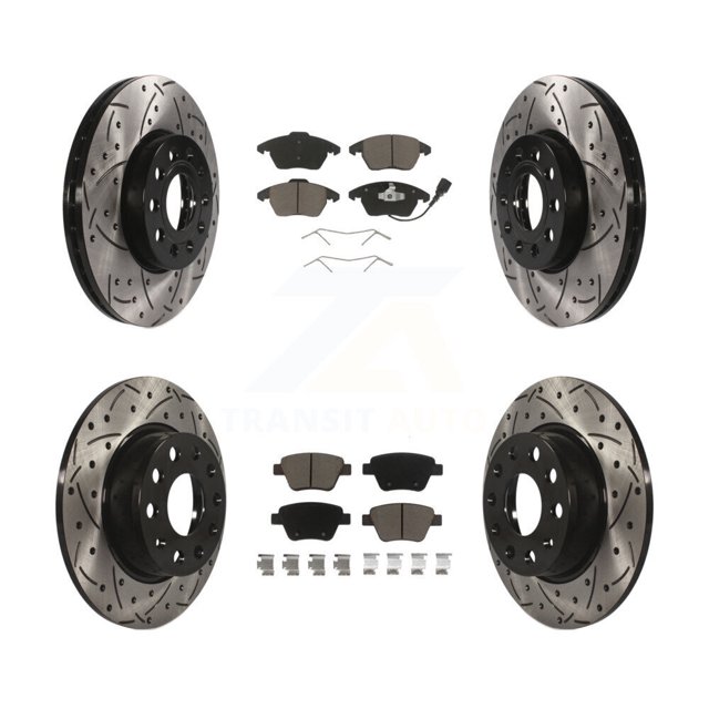 Transit Auto Front Rear Coated Drilled Slotted Disc Brake Rotors and Ceramic Pads Kit for Car Volkswagen Beetle with 272mm Diameter Rotor KDC-100298
