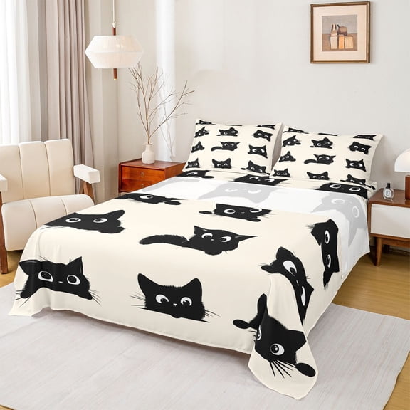 Homewish Kids Children Kawaii Cats Twin Sheet Sets 3pcs,Black Wheat Twin Fitted Sheet Microfiber,Cartoon Animal Pet Breathable Flat Sheet,Microfiber Bedroom Decor