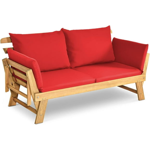 DORTALA Patio Convertible Couch Sofa Bed, Acacia Wood Daybed w/Adjustable Armrest, Collapsible Chaise Lounge w/Cushions & Pillows, Outdoor Loveseat for Poolside, Courtyard (Red)
