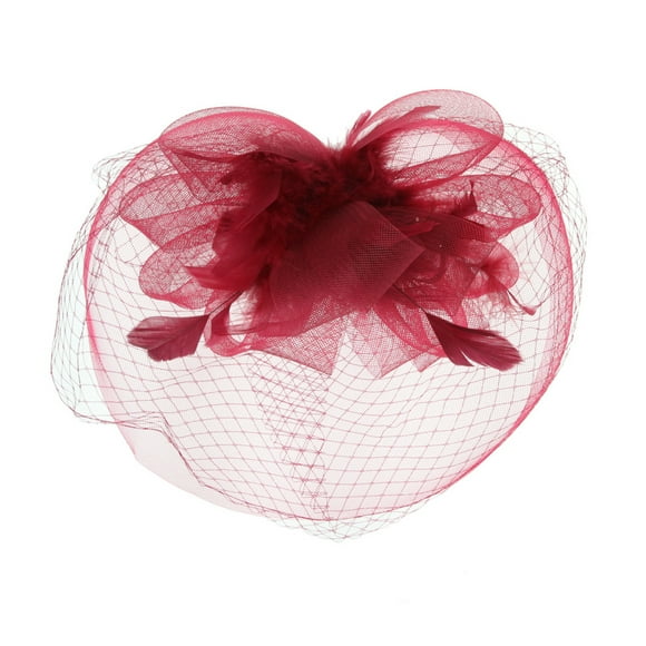 Chic Headwear Mesh Veil Feathered Loop Flower Fascinator - Burgundy