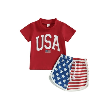

Infant Toddler Boy 4th of July Outfit Baby Short Sleeve Letter Print Tops + Stars Stripe Shorts Red