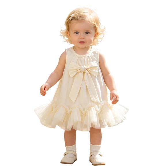 Tfken Comfy Dresses For Girls Soft Travel Holiday Girls Sleeveless Tulle Dresses Elegant Bowknot Tie Party Children Cute Clothes Size 2-3 Years