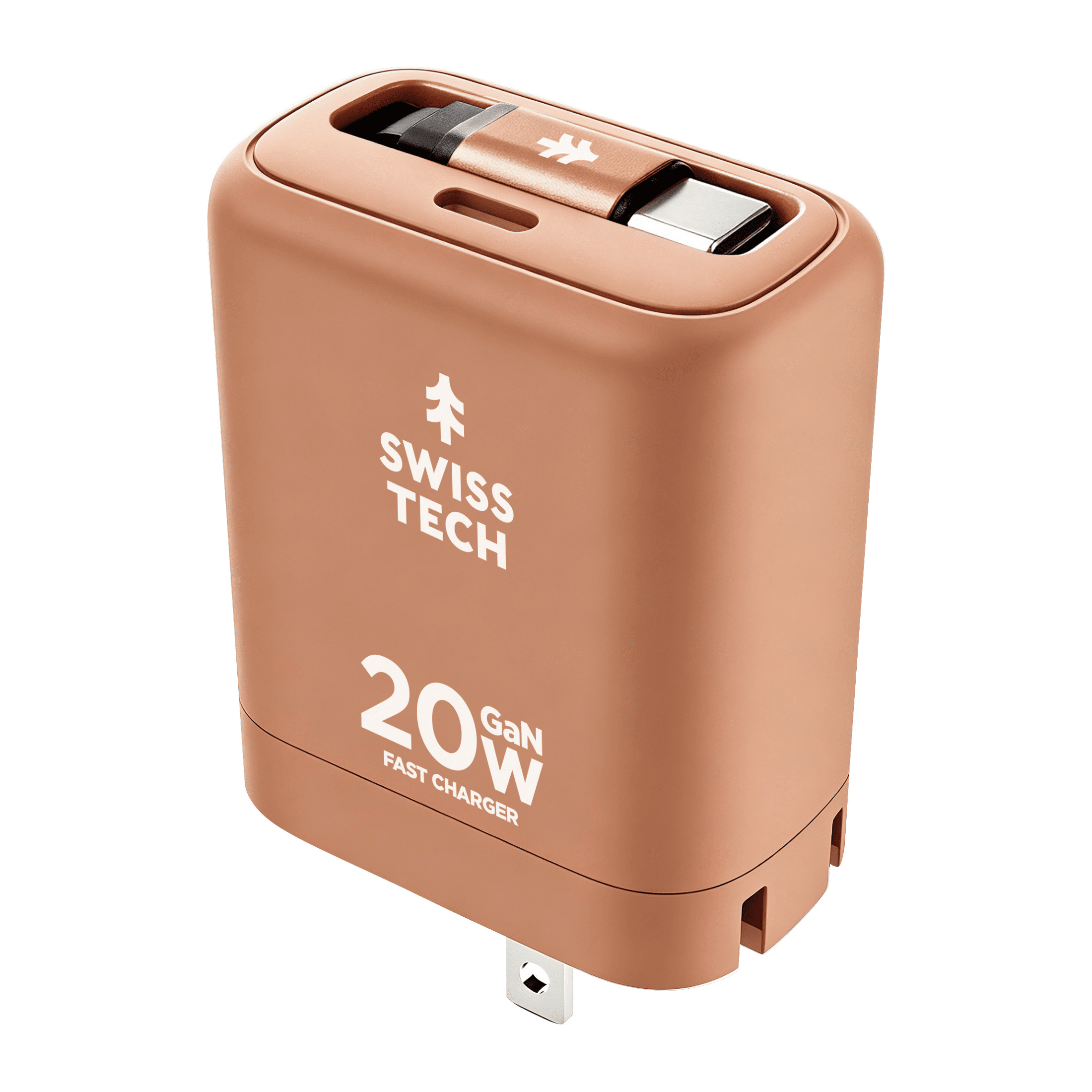 Swiss Tech Mussen 20W USB-C Wall Charger with Retractable Cable, Fast PD Charging, Terra Orange