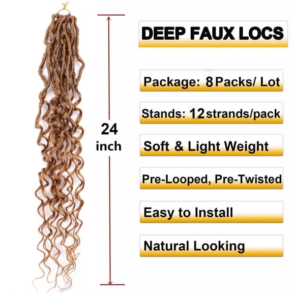 WEIF-8 Packs 24 Inch Soft Locs Crochet Hair Pre Looped Faux Locs Crochet Braids - Deep Wave Natural Butterfly Locs, Goddess Locs, Dreadlocs Synthetic Hair for Black Women (#27, 24 Inch (Pack of 8)
