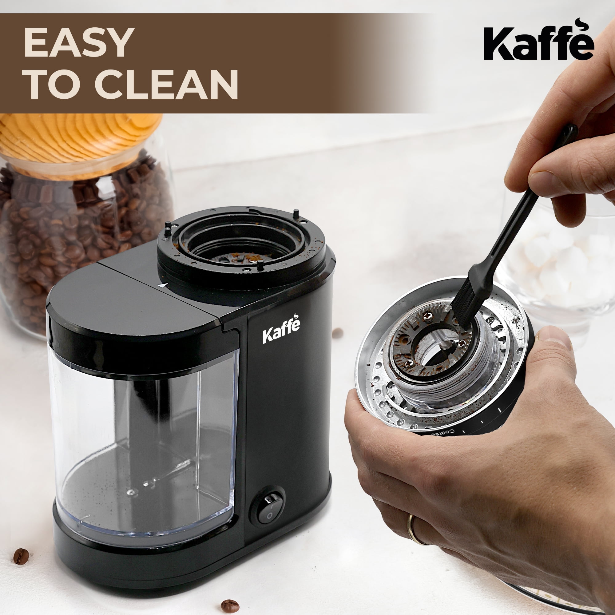 Kaffe Electric Burr Coffee Grinder (5.5oz) w/ Adjustable Coarseness Settings - Flat Burr - [New Upgraded Motor ] - Precision Coffee Bean Grinder for Home Use - Black