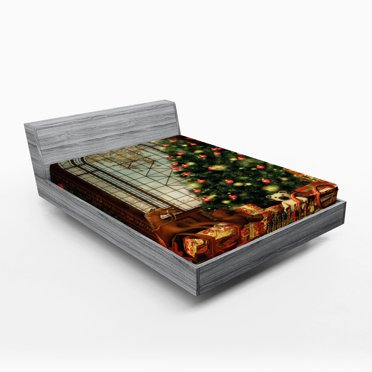 Ambesonne Christmas Fitted Sheet, Xmas Tree, King Size, Brown Red Green