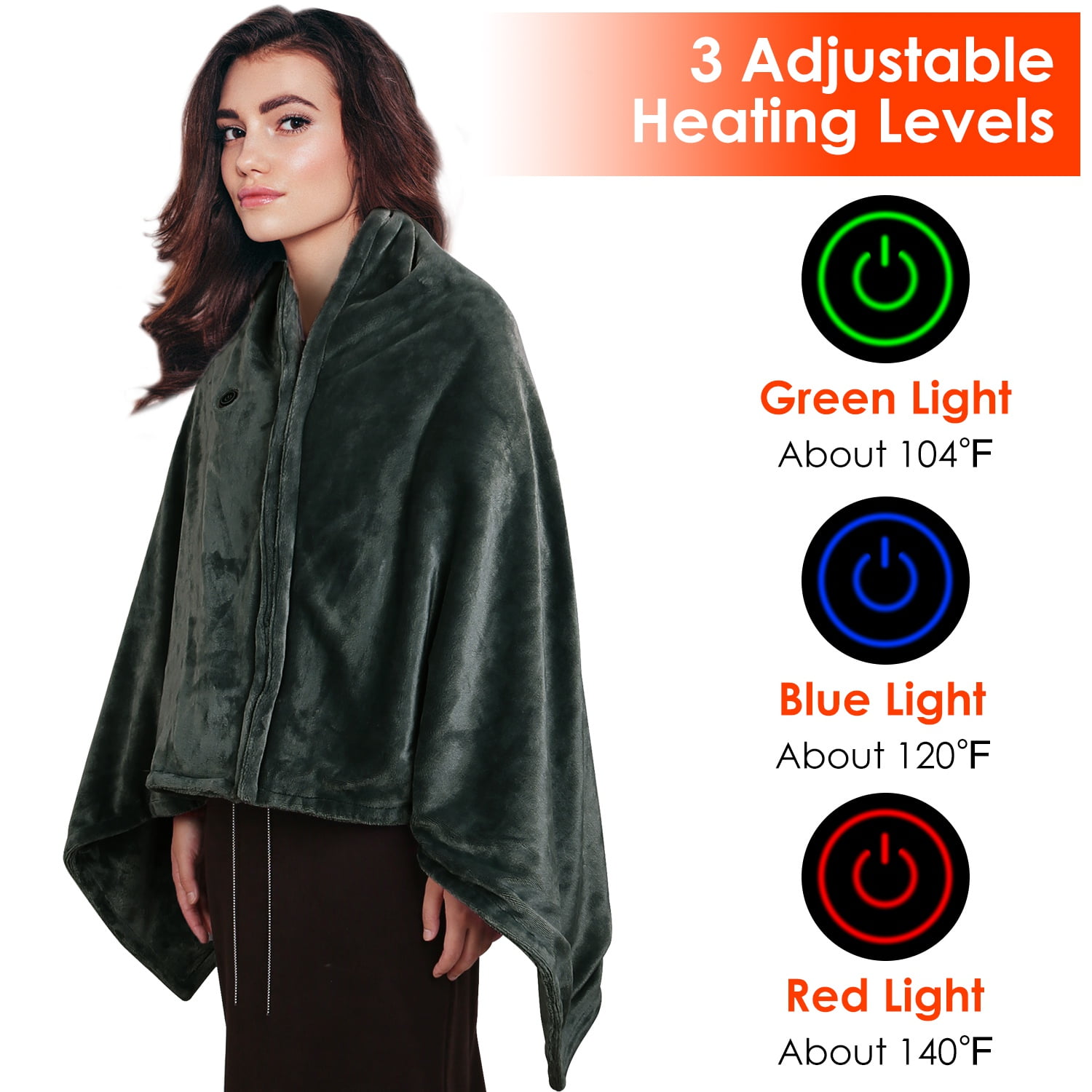 59*31in Electric USB Heated Blanket, Washable Heated Poncho Shawl Wrap Throw with Zipper