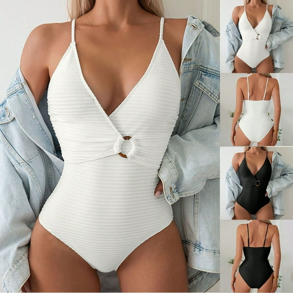 UTSJKR Women's One Piece Tummy Control Wrap V-Neck Bikini Backless Sexy Spaghetti Strap Bathing Swimsuits Black S