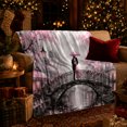 thumbnail image 3 of Romantic Couple On A Pink Blossom Bridge, Cozy Flannel Blanket with Romantic Painterly Cityscape Print, Housewarming Gift for Romantic Cityscape Admirers, Home Decor for Bedroom and Living Room, 3 of 7
