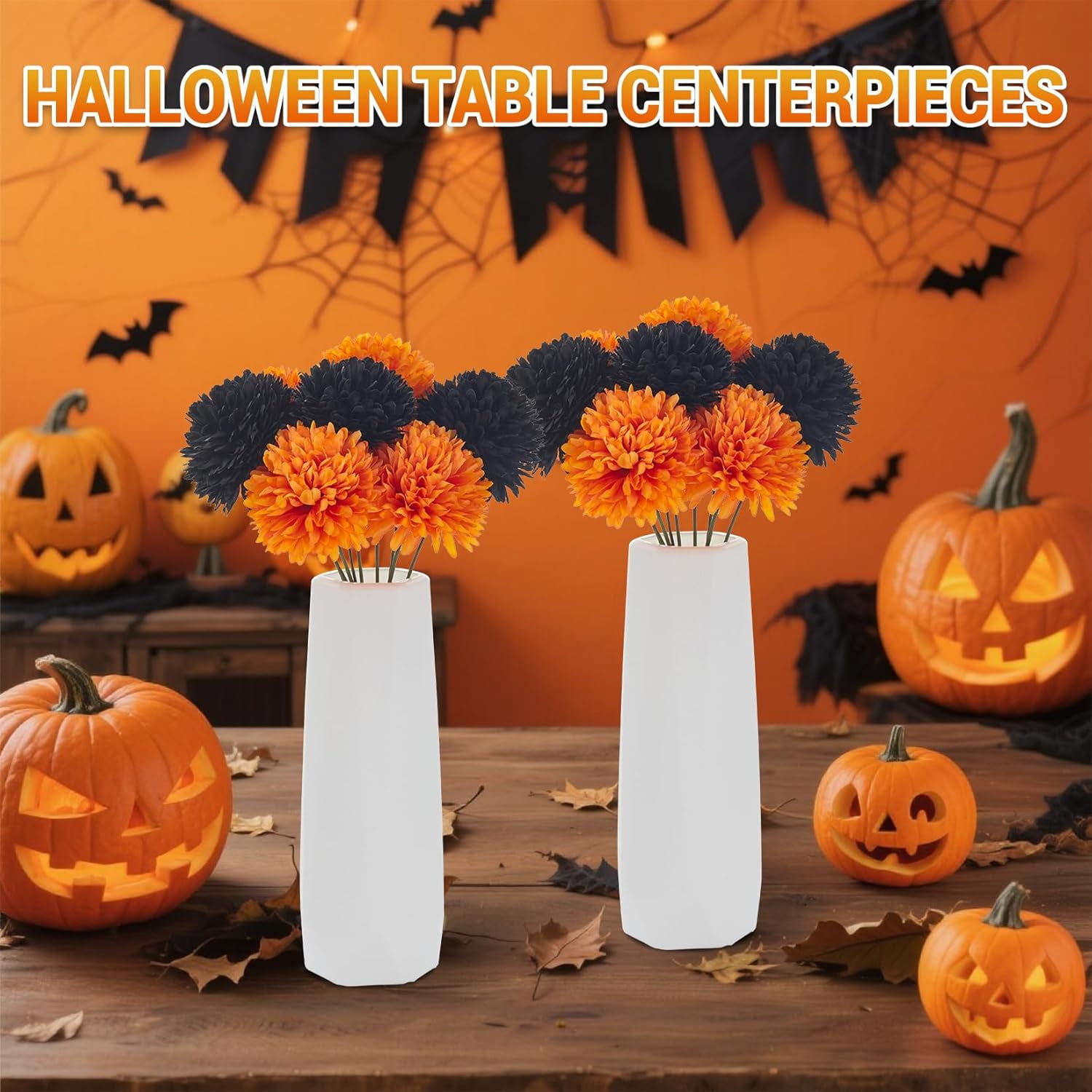 20 Pcs Mums Artificial Flowers, Fake Fall Flowers with 2 White Vases, Silk Chrysanthemum Centerpiece Table Decorations for Halloween, Gothic Wedding, Christmas, Home Decor, Black & Orange