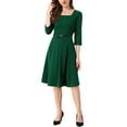 thumbnail image 2 of INSPIRE CHIC Women's Work Elegant Square Neck 3/4 Sleeve Belted Pleated a Line Church Midi Dress XS Dark Green, 2 of 5