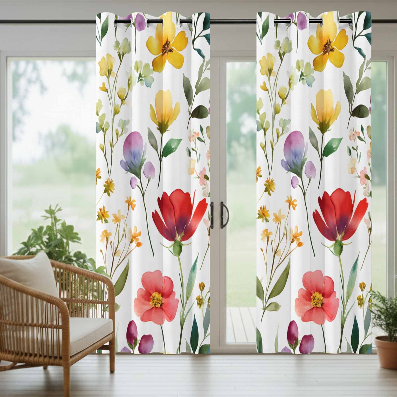 Spring Floral Outdoor Curtains for Patio, Gradient Red Purple Yellow Flowers Romantic Farmhouse Waterproof Outside Curtains Privacy Blackout Curtain for Porch Pergola Cabana, 2 Panel 54W x 108L Inch