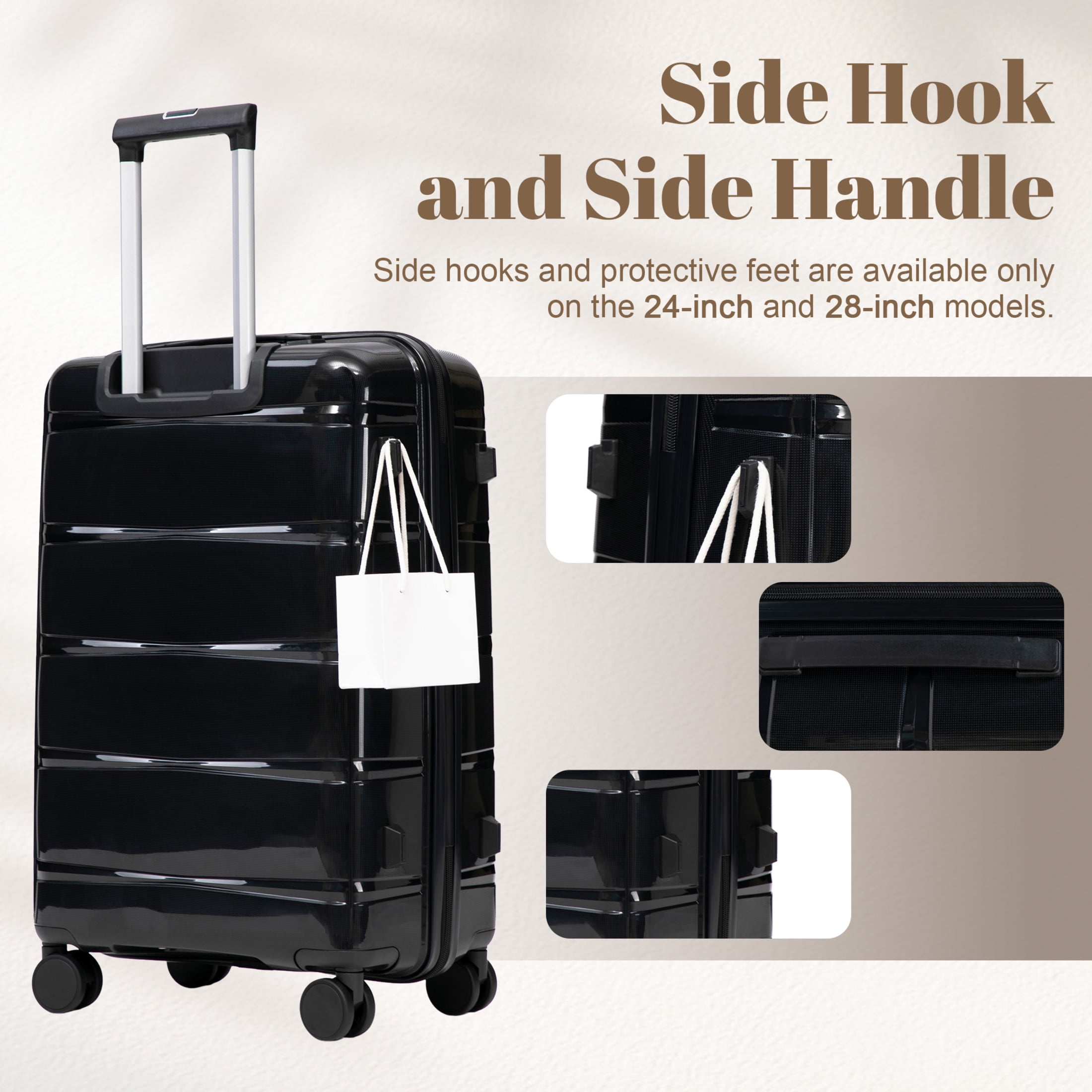 GDF Studio 3-Piece 20"/24"/28" PP Hardshell Travel Luggage Set with Spinner Wheels & Combination Lock, Black