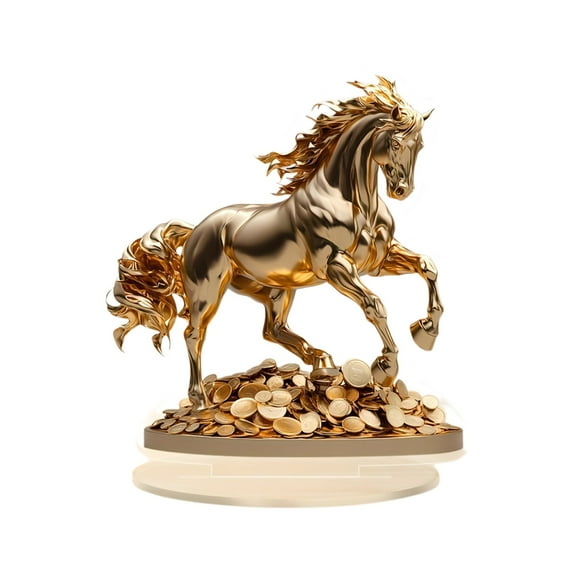CuiLiyq Horse Acrylic Desktop Ornament, 2D Flat Acrylic Gold Horse Statue Figurines with Base, Standing Fighting Horse Sculpture Home Office Decoration Tabletop Decor Ornaments