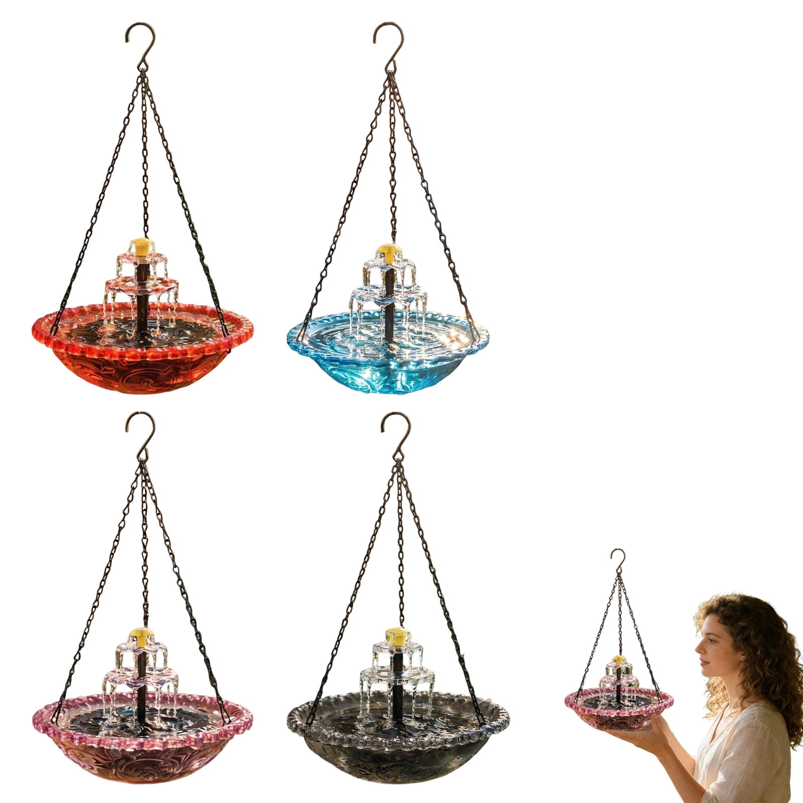 Hanging Solar Bird Bath Fountain, Diameter Green Metal Bird Bath Bowl with Solar Powered Pump & 4 Water Spray Nozzles for Outdoor Garden Backyard Patio Lawn