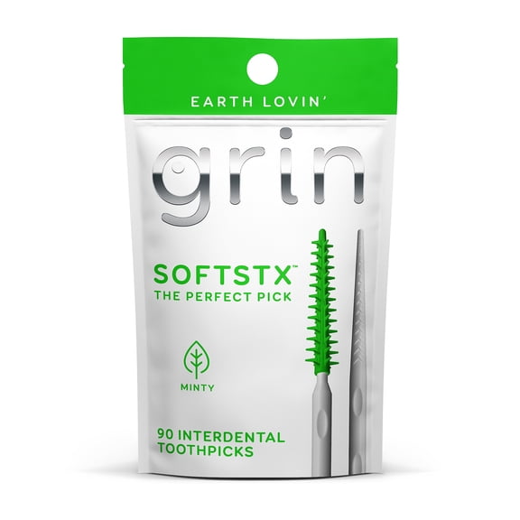 Grin Softstx, Gentle Dental Picks, 90 Count, Soft Flexible Bristles, Textured Plaque Removing Toothpick, Minty Flavor, for Between Teeth, Refillable Hygienic Case, for Braces, Bridges, and Implants