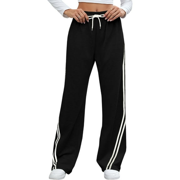 KDDYLITQ Track Pants Women Barrel Plus Size Pants Stripes Drawstring Sweat Pants Oversized Straight Wide Leg Sweat Trousers Baggy Athletic Joggers with Pockets Black S