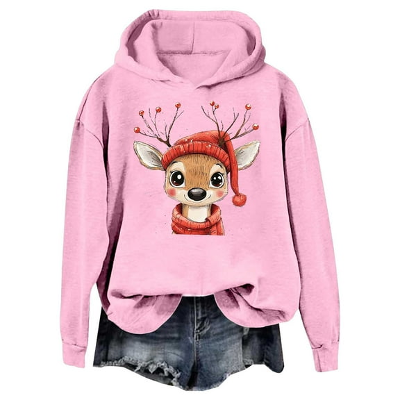 Fiaer Christmas Hoodie for Women Cute Reindeer Graphic Hooded Sweatshirts Long Sleeve Plus Size Fashion Comfort Tops Pink XL