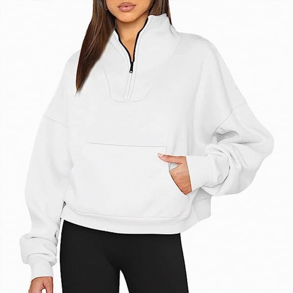 Ccpelsie Women's Half Zip Pullover Quarter Zip Sweatshirts Long Sleeve Tops Fall Winter Outwear(White,XXL)