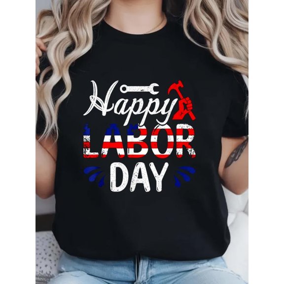 Fashion Graphic Tee,Tops Has"Happy Labor Day"Letter Print,Casual Round Neck Regular Fit T-shirts, Size(S-5XL)