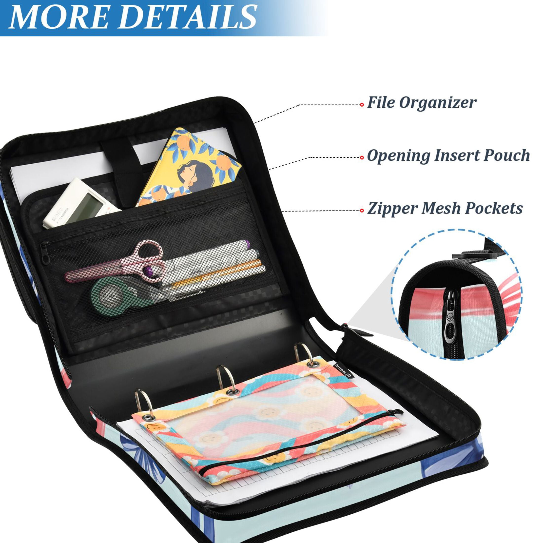 ALAZA Zipper Binder Red Bows Blue 3 Ring Trapper Keeper File Folder Organizer Bag