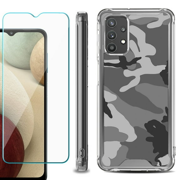 Shockproof Bumper Phone Case for Samsung Galaxy A32 5G, with Tempered Glass Screen Protector, by OneToughShield ® - Camo B/W