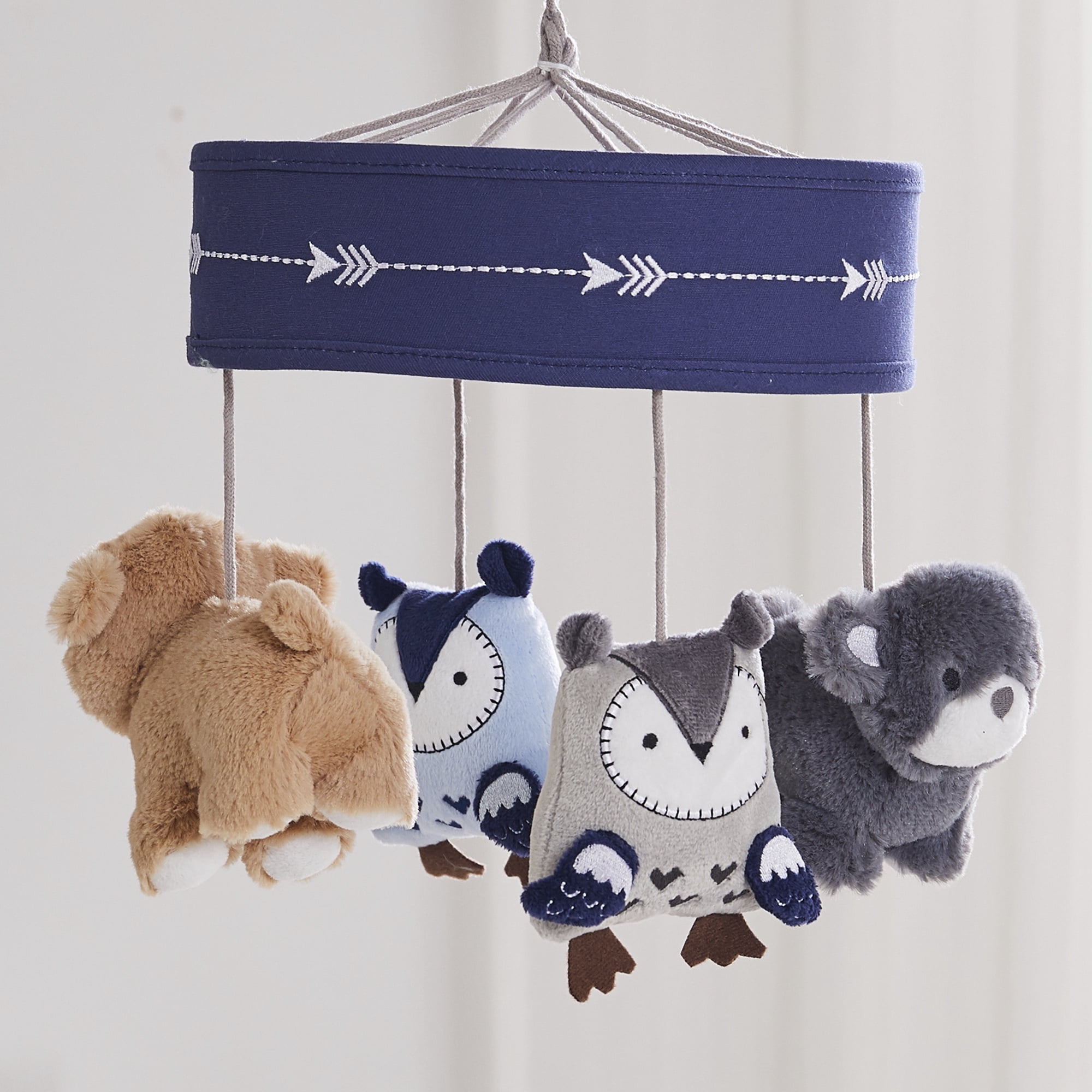 Levtex Baby - Rowan Musical Rotating Baby Crib Mobile - Plush Bears and Owls - Grey, Blue, Navy, Tauper, White - Nursery Accessories