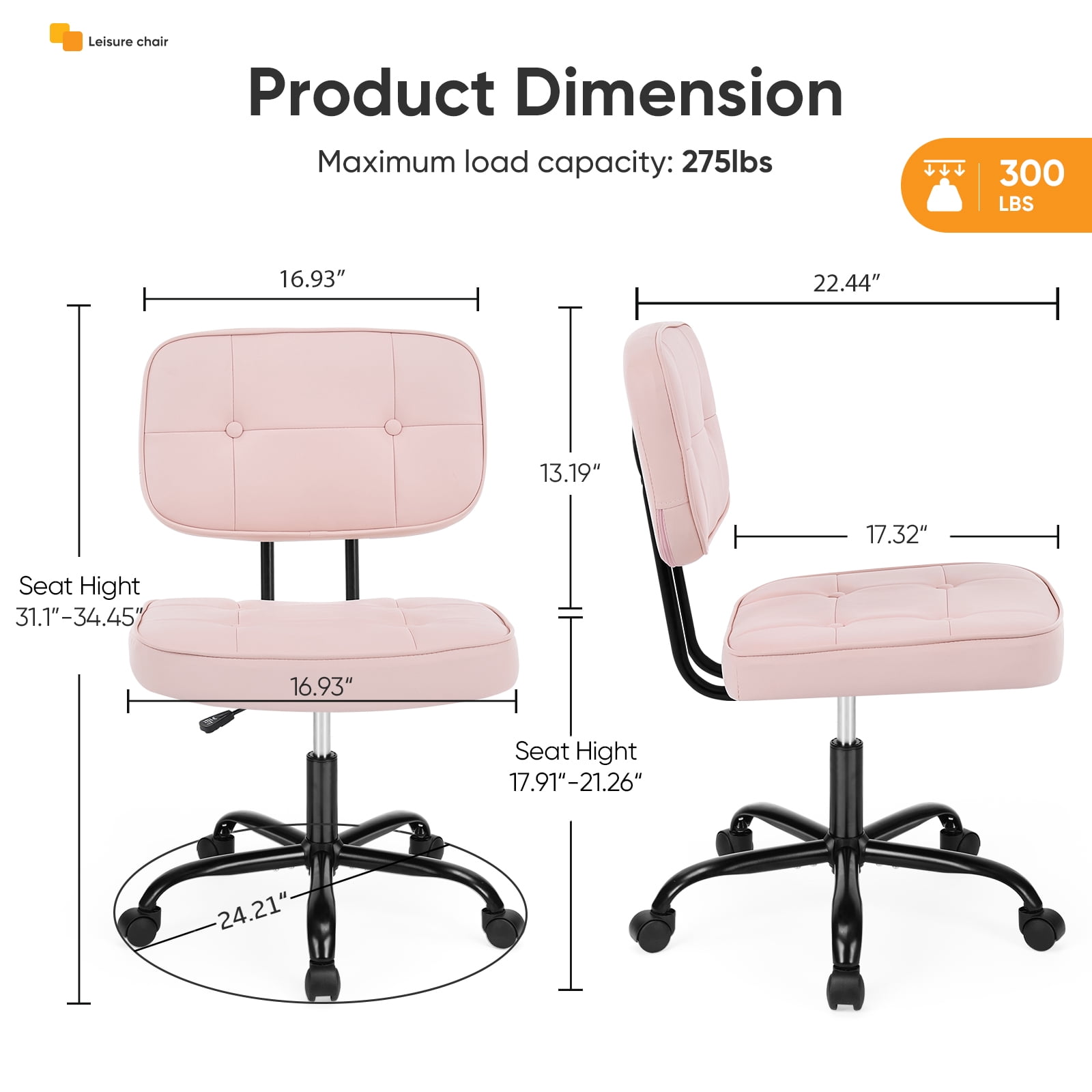 Gianna Ergonomic PU Leather Desk Chair, Armless Rolling Chair with Thickened Cushion for Small Spaces