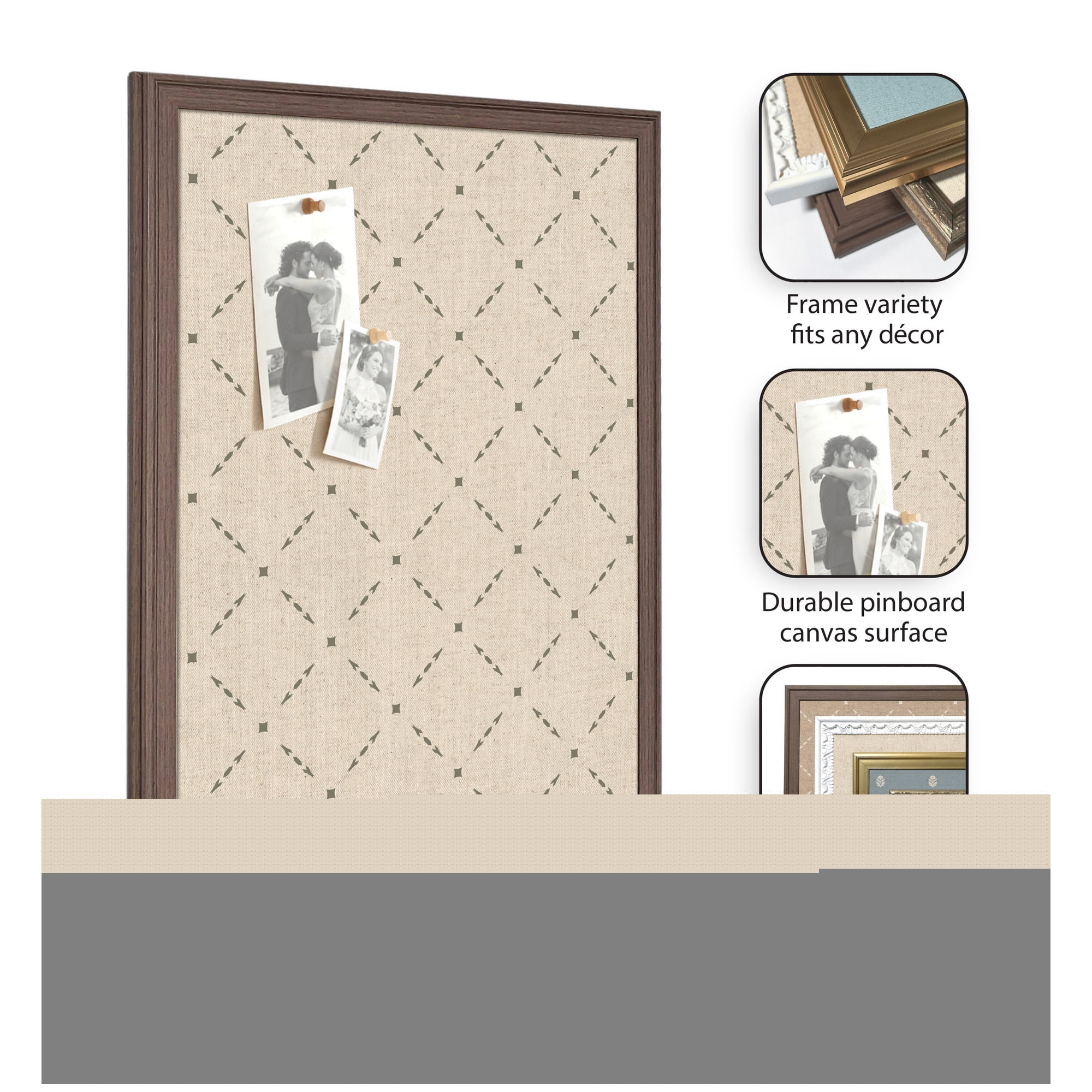 Kate and Laurel Framed Fabric Pinboard 18 x 42, Green Lattice Pattern Printed Linen Classic Bulletin Board for Use as a Vision Board or Wall Organization, Florence Light Brown Frame