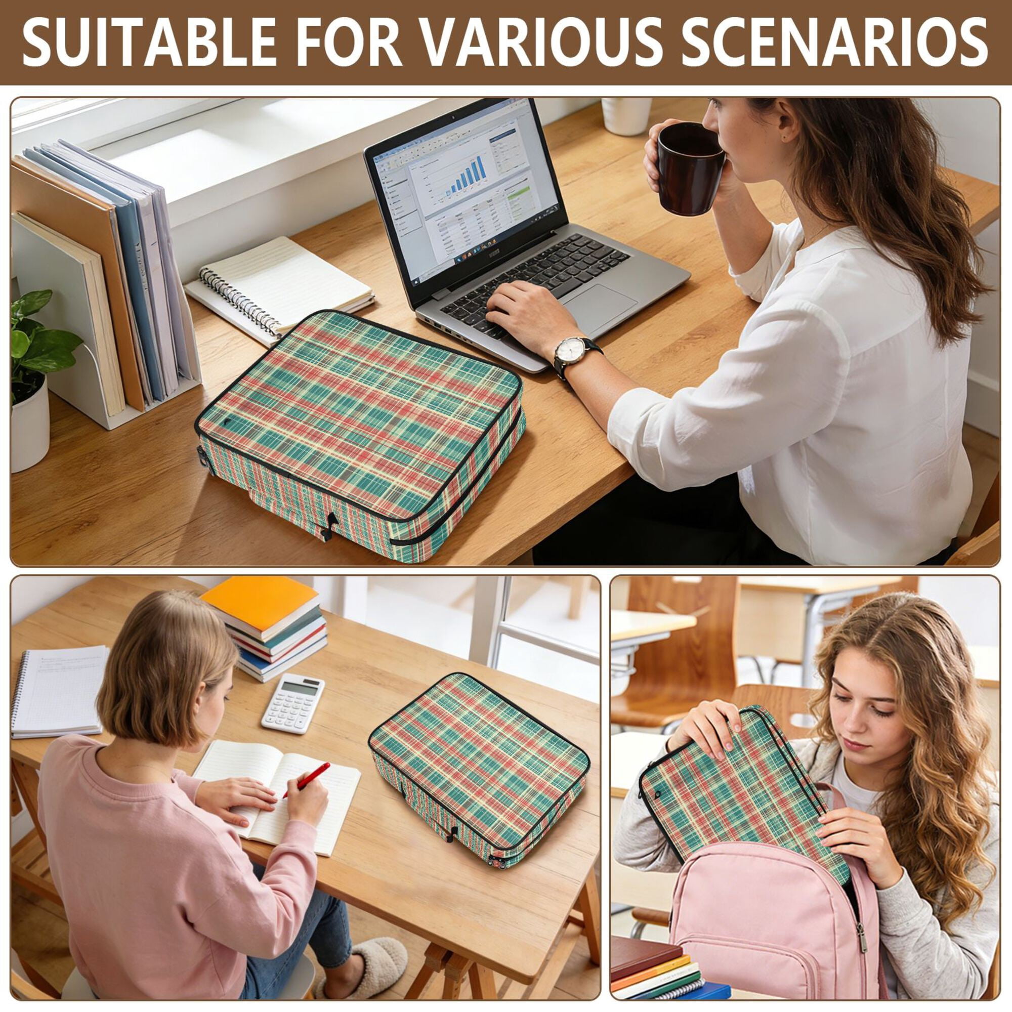 FORMRS Accordion File Folder A4 Size 7-Pocket Expanding Document Organizer Bag with 3 Ring Binder, Red Green Tartan Pattern