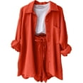 thumbnail image 2 of Women Crinkled Textured Two Piece Outfit Set, Lapel Long Sleeve Button Shirt & High Waist Drawstring Shorts, Plus Size Casual Loungewear Suit for Vacation Daily Street Wear 05-Saffron S, 2 of 4