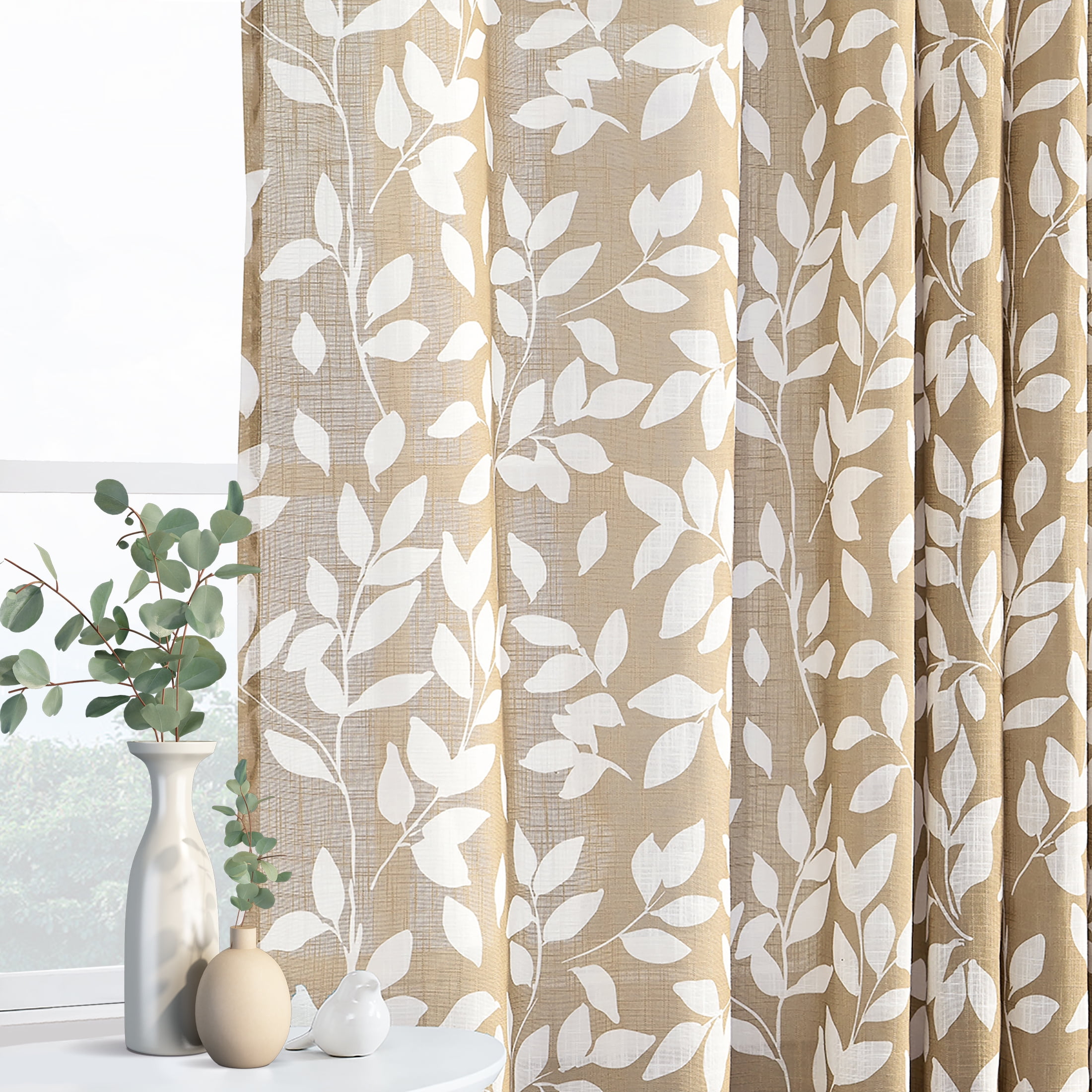 Exultantex Taupe Semi Sheer Curtains White Leaf Pattern Panels, 55"W x 63"L, 2 Panels,Grommet Top