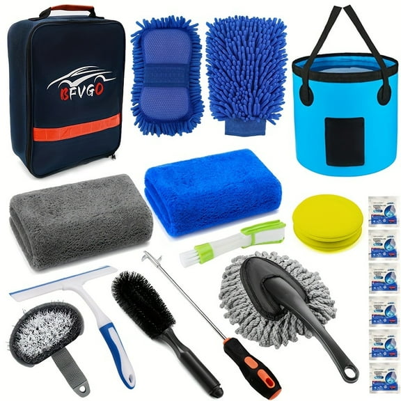 22pcs Car Wash Cleaning Tools Kit Car Detailing Set with Blue Canvas Bag Collapsible Bucket Wash Mitt Sponge Towels Tire Brush Window Scraper Duster Complete Interior Car Care Kit