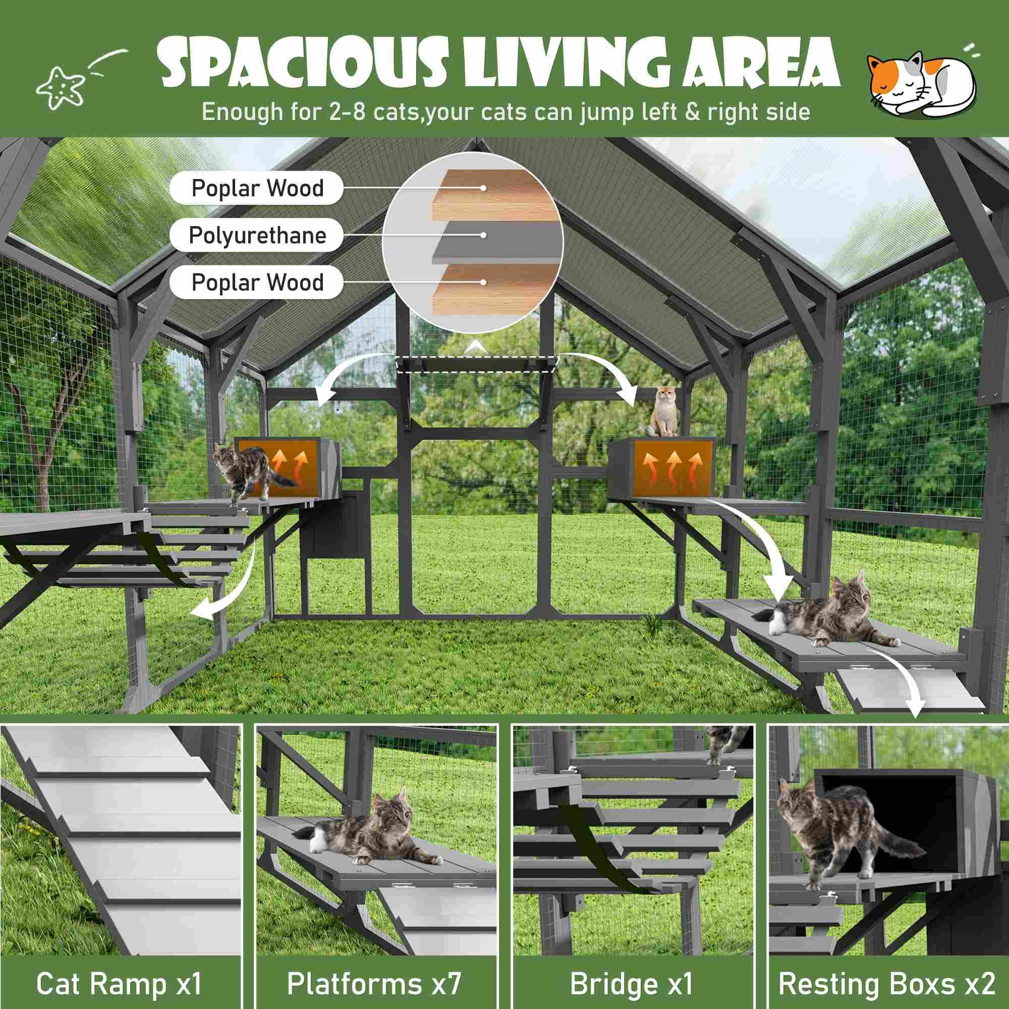 Large Catio Outdoor Cat Enclosure for Multiple Cats, Wooden Cat House with 7 Platforms, 2 Resting Boxes, 1 Bridge and 1 Ramp, Walk in Kitty Cage with Sunshine Board Roof