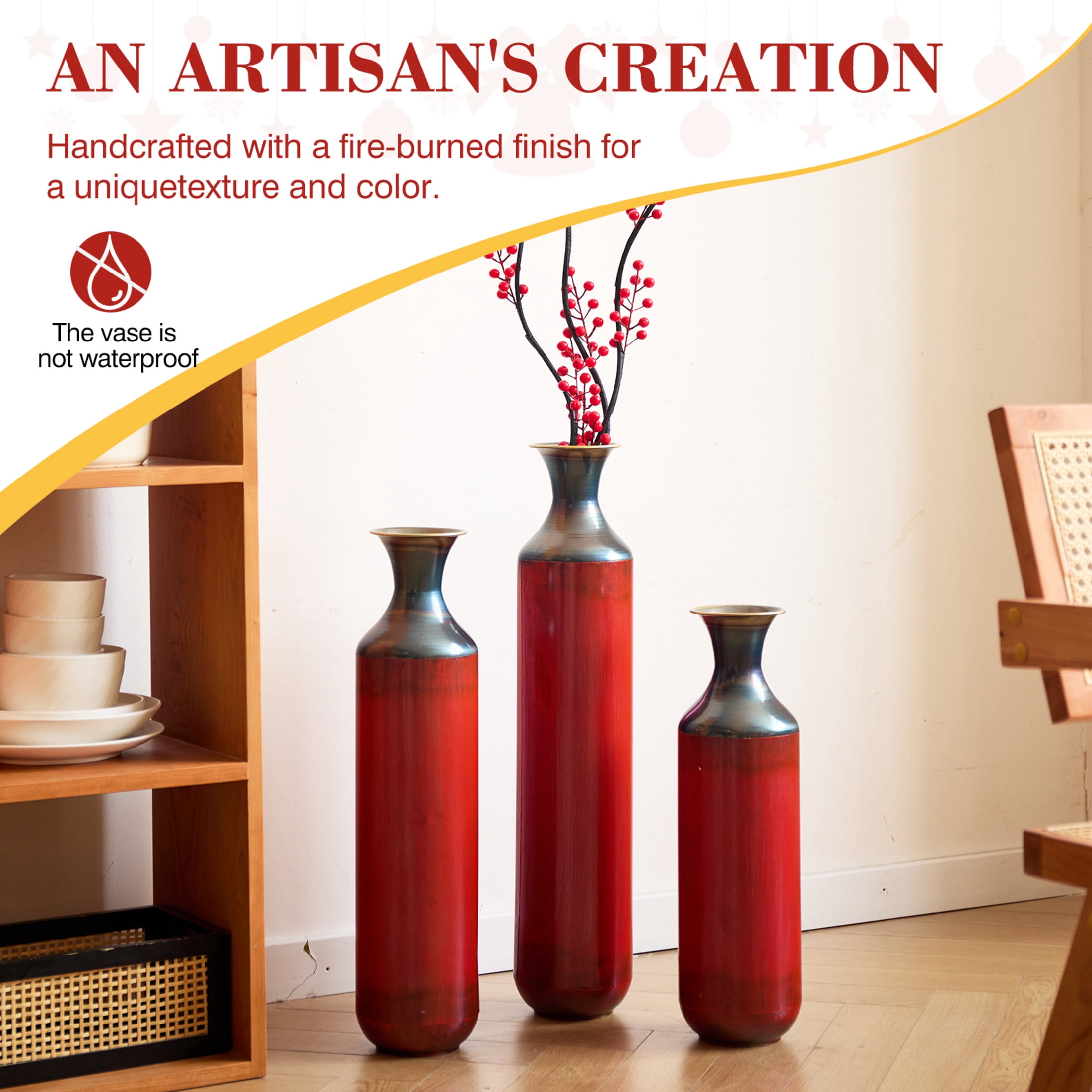 Noble House Set of 3 Torch-Fired Metal Floor Vases, 28.35", 24.41", 20.47" Tall, Red