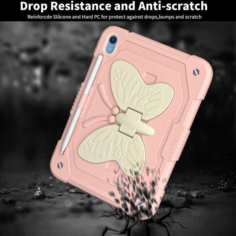 for iPad 10th/11th Generation 2022/2025(A16) Case with Butterfly Kickstand Wings Heavy Duty for iPad 10th Case 10.9'' Pencil Holder Shockproof Protective Cover Kids Girls for iPad 11th 11''，Pink