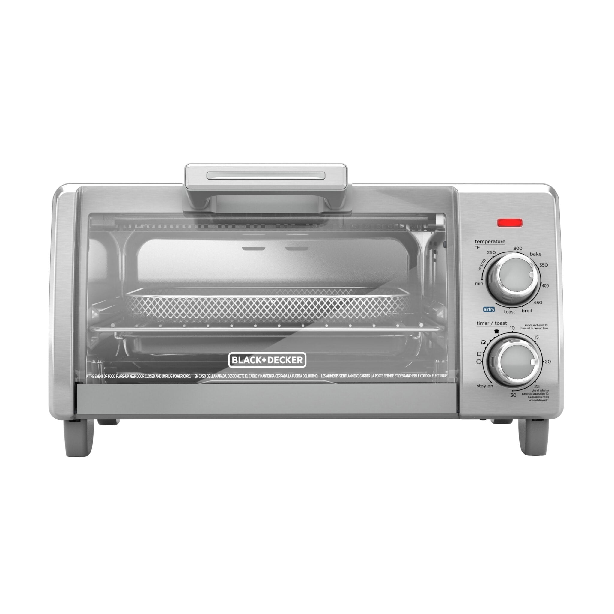Open Box BLACK+DECKER Crisp ‘N Bake Air Fry 4-Slice Toaster Oven, Silver & Black, Fits 9 Inch Pizza, .35 Cubic Feet