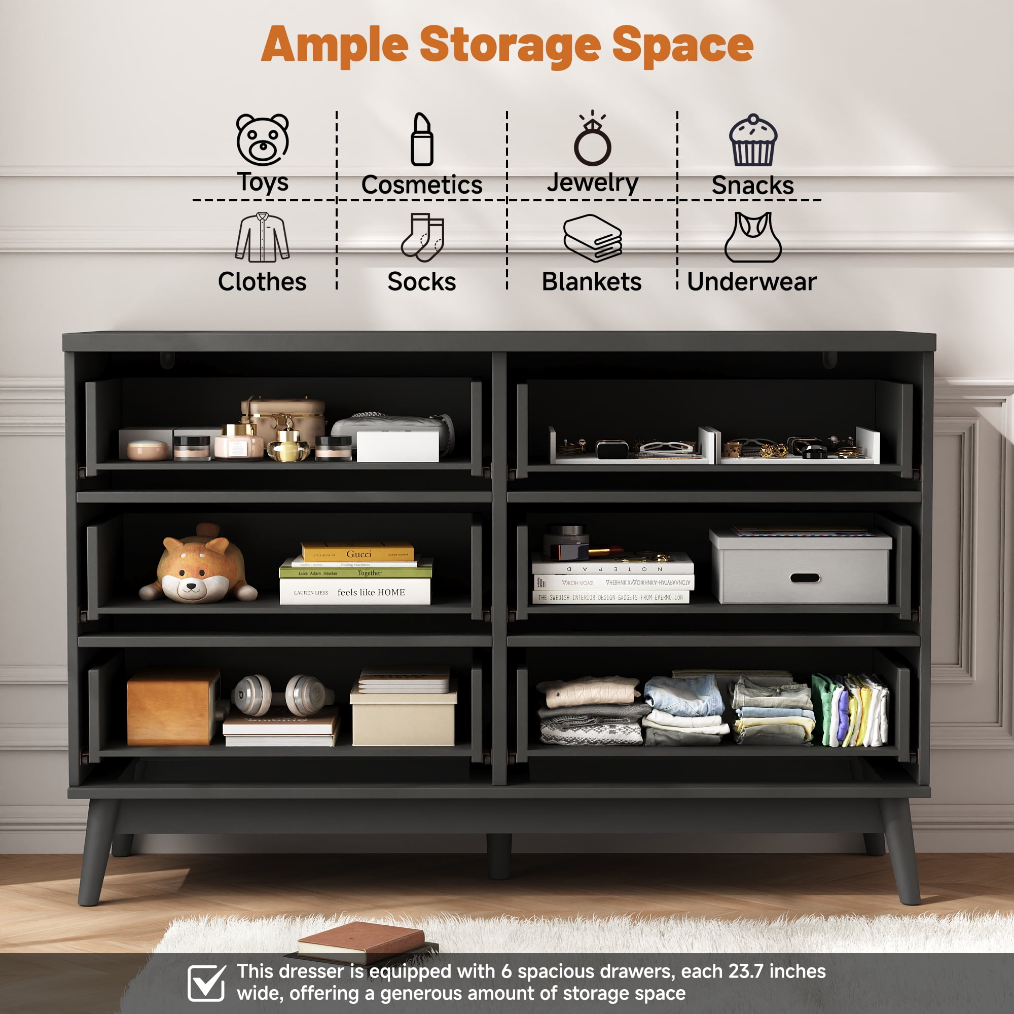 Fluted Dresser for Bedroom with 6 Drawers, 48" Wide Modern Chest of Drawers with Elegant Wave Design, Wooden Dresser TV Stand, Closet Clothes Storage Organizer for Living Room, Hallway