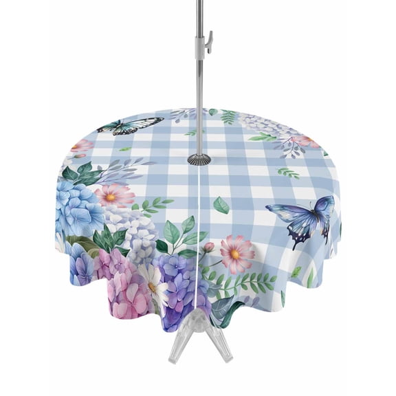 Outdoor Tablecloths with Umbrella Hole & Zipper, Watercolor Flowers Round Tablecloth 54 Inch, Spring Floral Butterflies Blue Plaid Waterproof Table Cloth, Patio/Pool/Picnic Table Covers