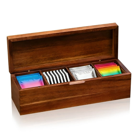 Acacia Wood Tea Bag Organizer with 4 Compartments - Tea Storage Box for Countertop Display and Kitchen Organization